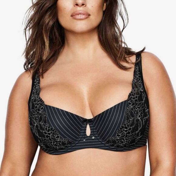 Ashley Graham Plus Basic Diva Lace-Trim Keyhole Bra Black Pinstripe Size 38DD - Picture 1 of 2